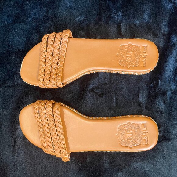ELF Iris Women’s Tan Braided Leather Sandals Size 7 Handmade Slip-On Flats - Picture 3 of 5